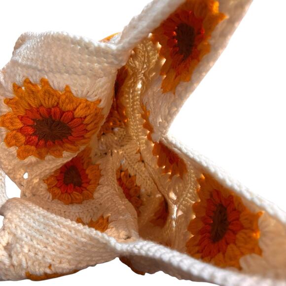 Handmade Crocheted Sunflower Granny Core Square Tote White Bag Festival Boho** - Picture 3 of 5